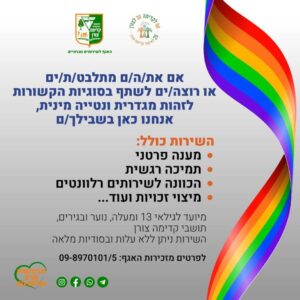 אם את/ה/ם מתלבט/ת/ים או רוצה/ים לשתף בסודיות הקשורותלזהות מגדרית ונטייה מינית, אנחנו כאן בשבילך/ם השירות כולל: מענה פרטי תמיכה רגשית הכוונה לשירותים רלוונטים מיצוי זכויות ועוד.. מיועד לגילאי 13 ומעלה, נוער ובגירים, תושבי קדימה צורן השירות ניתן ללא עלות ובסדיות מלאה לפרטים מזכירות האגף: 09-8970101/5