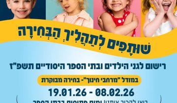 הורים יקרים, רשמו ביומנים: בין התאריכים 19.1.26 ל-8.2.26 תיערך ההרשמה לגני הילדים ולבתי הספר היסודיים לשנת הלימודים תשפ"ז. ההרשמה השנה היא בסימן פרויקט מרחבי חינוך- בחירה מבוקרת, שעליה יורחב בנפרד. ימים פתוחים יתקיימו בבתי הספר במועדים הבאים: 23.1.26- יום פתוח בבית החינוך "יובלים"- בשעה 08:00 יום פתוח בבית החינוך "יגאל אלון"- בשעה 10:00 30.1.26- יום פתוח בבית החינוך "לב רן"- בשעה 08:00 יום פתוח בבית החינוך "ניצני השרון"- בשעה 10:00 יום פתוח בבית החינוך "אור תורה- בשעה 10:00 בהצלחה! מועצת קדימה צורן